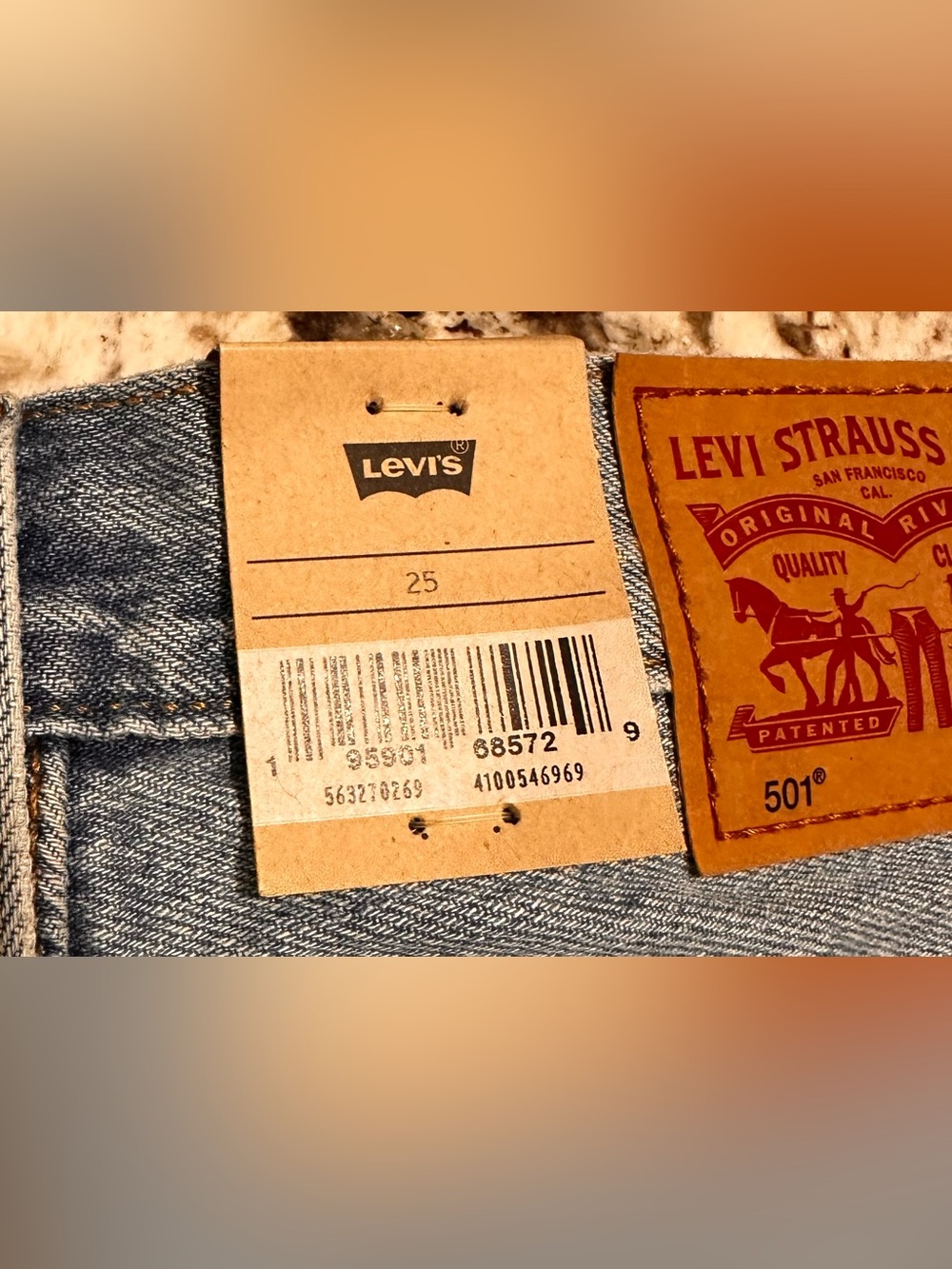 Levi's 501 Jean Shorts in Light Blue with Brown Patch
